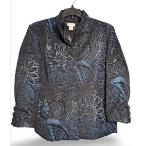 Chico's‎ Jacket Womens Small Button Up Boho Paisley Tapestry Blue Black Pockets